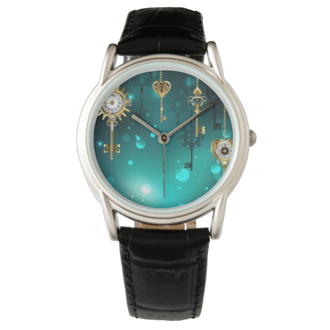 アンティークスケルトン鍵の緑の背景 腕時計 (正面)