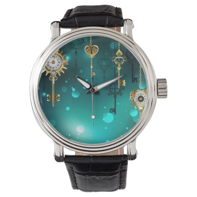 アンティークスケルトン鍵の緑の背景 腕時計 (正面)