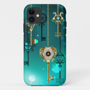 アンティークスケルトン鍵の緑の背景 iPhone 11 ケース