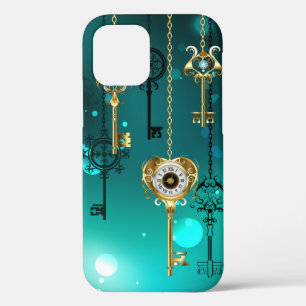 アンティークスケルトン鍵の緑の背景 iPhone 12ケース