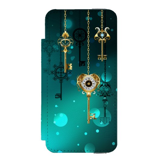 アンティークスケルトン鍵の緑の背景 INCIPIO iPhoneウォレットケース (フォリオ 正面)