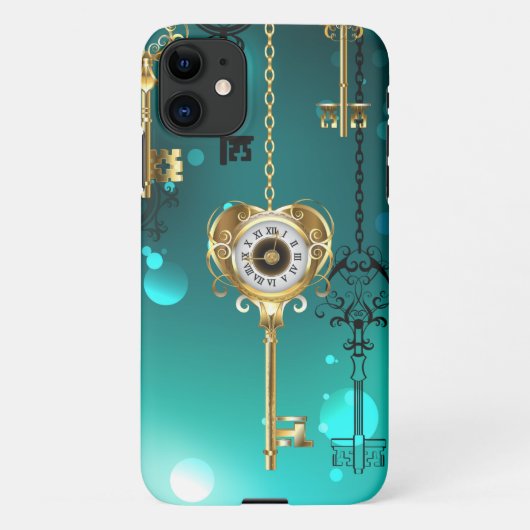 アンティークスケルトン鍵の緑の背景 iPhoneケース (裏面)
