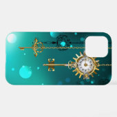 アンティークスケルトン鍵の緑の背景 iPhoneケース (裏面横)