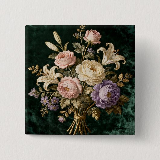 アンティークスタイルのバラの花束タペストリー 缶バッジ (正面)