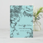 アンティークスタイルブラック&ブルーフローラ記念日 招待状 (スタンド正面)