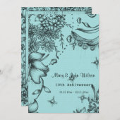 アンティークスタイルブラック&ブルーフローラ記念日 招待状 (正面/裏面)