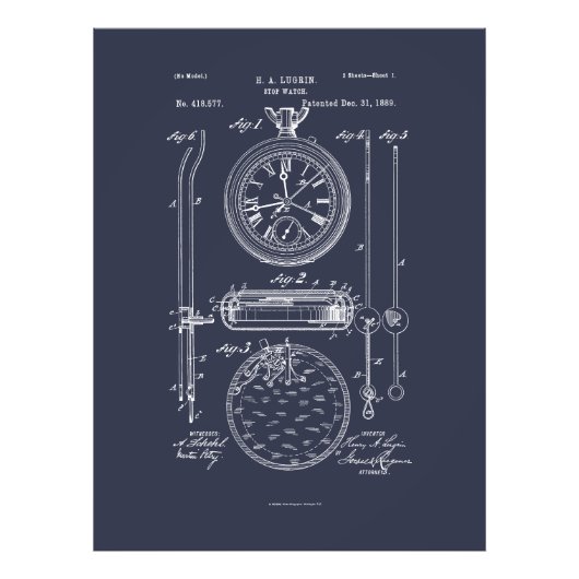アンティークストップ時計， 1889特許スケッチ フォトプリント            (正面)