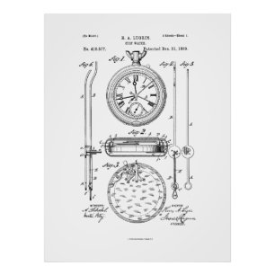 アンティークストップ時計， 1889特許スケッチ フォトプリント           