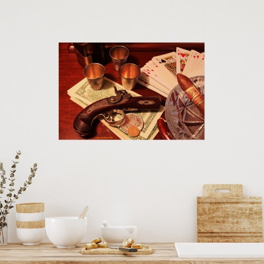 アンティークセットの賭博ダーリンガーピストル ポスター (キッチン)
