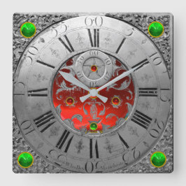 アンティークタイム、シャムロック、ルビージェムストーンシルバー スクエア壁時計