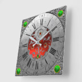 アンティークタイム、シャムロック、ルビージェムストーンシルバー スクエア壁時計 (傾斜)