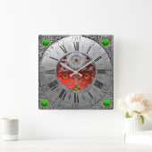 アンティークタイム、シャムロック、ルビージェムストーンシルバー スクエア壁時計 (ホーム)