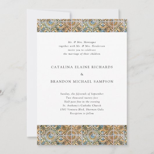 アンティークタイル青と金ゴールド結婚の 招待状 (正面)