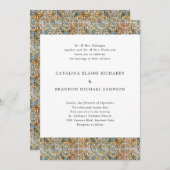 アンティークタイル青と金ゴールド結婚の 招待状 (正面/裏面)