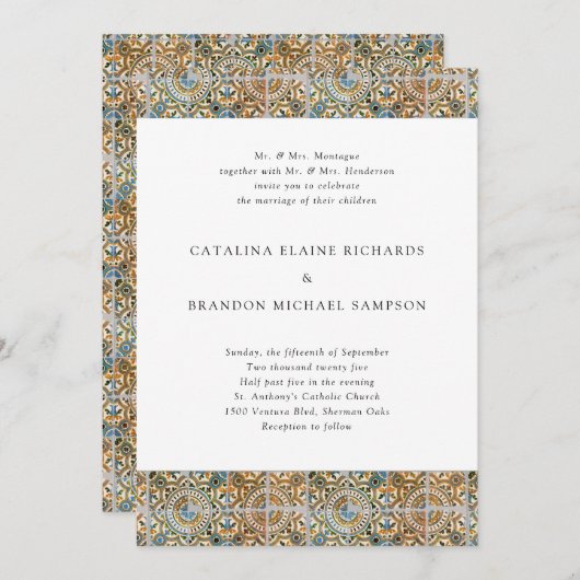アンティークタイル青と金ゴールド結婚の 招待状 (正面/裏面)