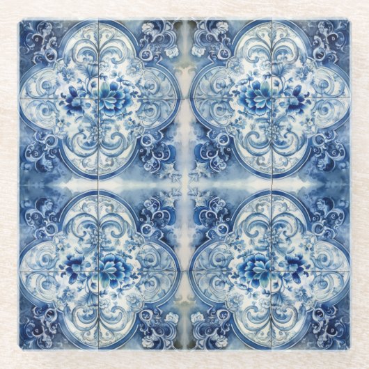 アンティークタイル（デルフトブルー） ガラスコースター (正面)