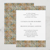 アンティークタイル ブルーとゴールドのウェディング 招待状 (正面/裏面)