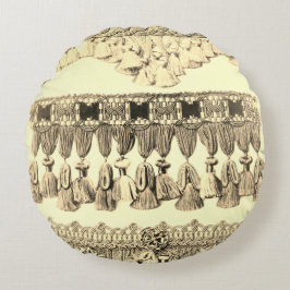 アンティークタッセルレースのトライバルパターンクリームブラック ラウンドクッション