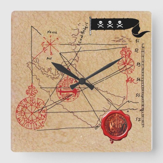 アンティークタリスマン/パイレーツトレジャーマップパーチメント スクエア壁時計 (正面)