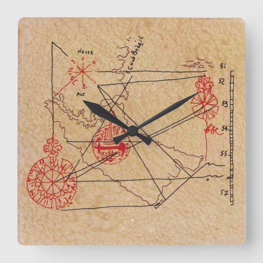 アンティークタリスマン/海賊の財宝マップパーチメント スクエア壁時計 (正面)