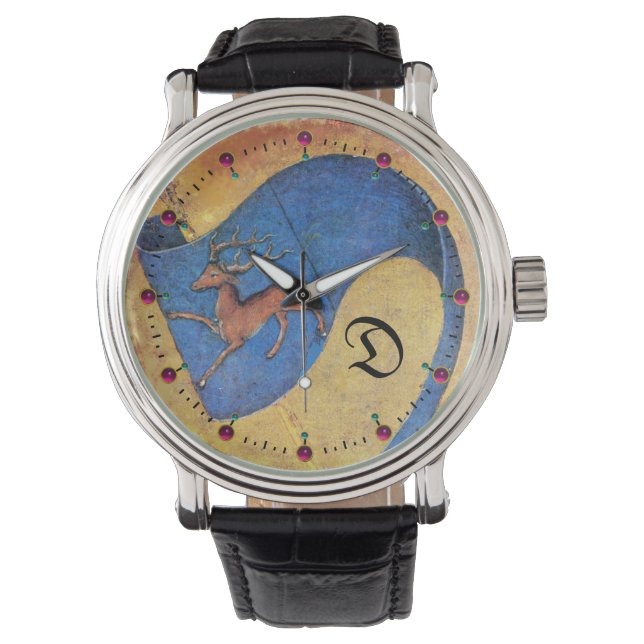 アンティークタロット、コート札、鹿モノグラムの国旗 腕時計 (正面)