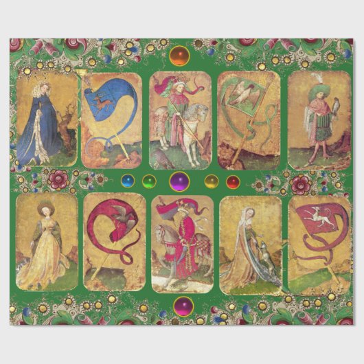 アンティークタロット、ドイツのコートのカード、緑の旗 ラッピングペーパー (フラット)