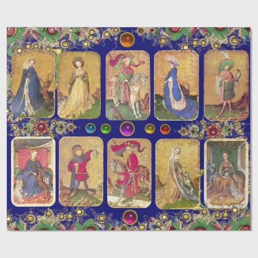 アンティークタロット、ドイツのコート・カード、金ゴールド・ブルー・フローラ ラッピングペーパー (フラット)