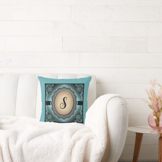 アンティークターコイズレースモノグラム装飾用クッション クッション (ソファ)