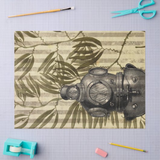 アンティークダイビングヘルメット及び海藻のデコパージュ 薄葉紙 (クラフト)