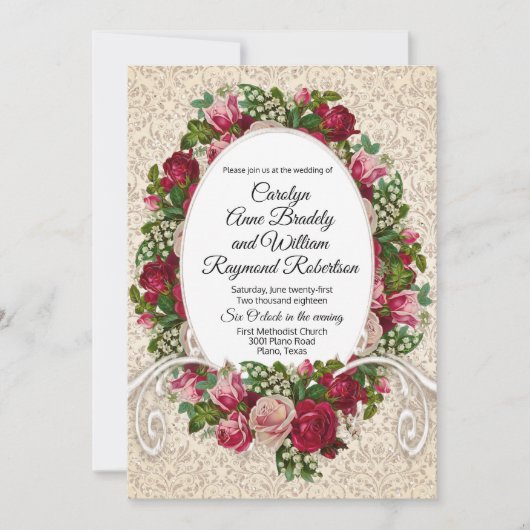 アンティークダマスクとバラ結婚式招待状 招待状 (正面)