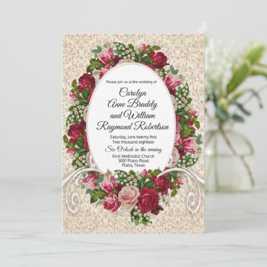 アンティークダマスクとバラ結婚式招待状 招待状 (スタンド正面)