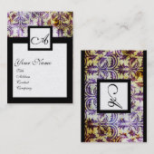 アンティークダマスクスクエアモノグラム、紫色の黒銀 名刺 (正面/裏面)