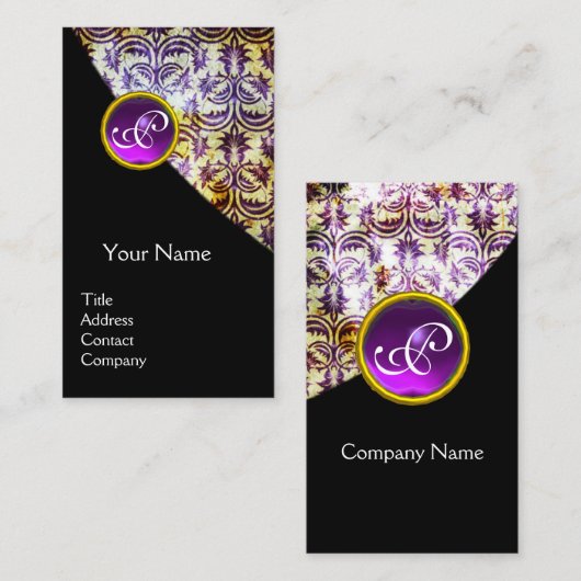 アンティークダマスクパープルジェムストーンモノグラムブラック 名刺 (正面/裏面)