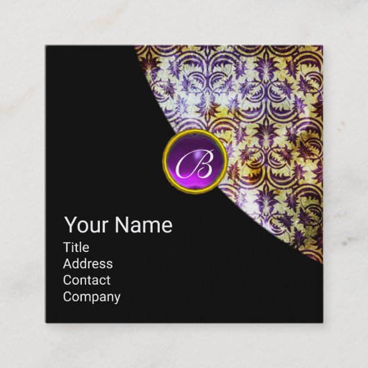 アンティークダマスクパープルジェムモノグラムブラックパール スクエア名刺 (正面)