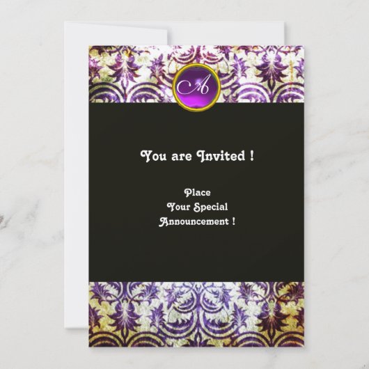 アンティークダマスクモノグラム、白黒紫、金ゴールド 招待状 (裏面)