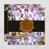 アンティークダマスクワックスシールモノグラム、パープル、金ゴールド 招待状 (正面/裏面)