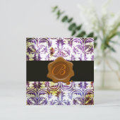 アンティークダマスクワックスシールモノグラム、パープル、金ゴールド 招待状 (スタンド正面)