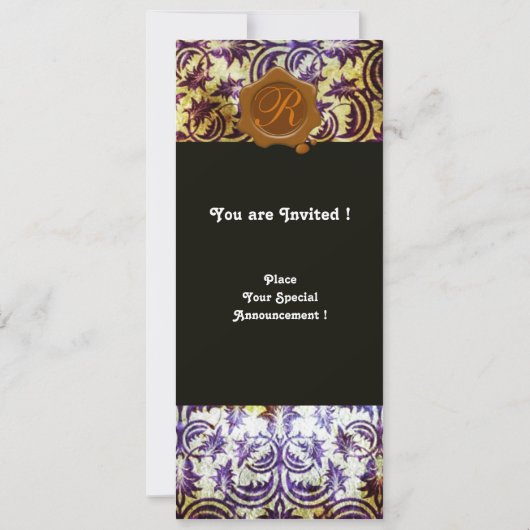 アンティークダマスク茶色ワックスシールモノグラム、紫 招待状 (裏面)