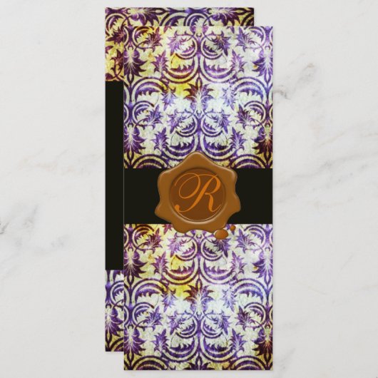 アンティークダマスク茶色ワックスシールモノグラム、紫 招待状 (正面/裏面)