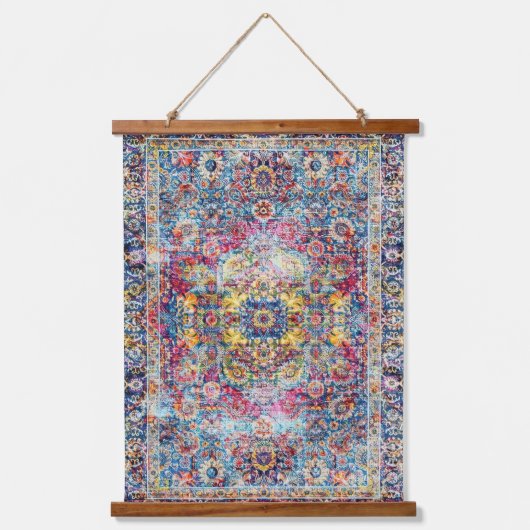 アンティークダーティブルー明るい赤紫色ペルシ動揺してア 吊り下げ型タペストリー (正面)