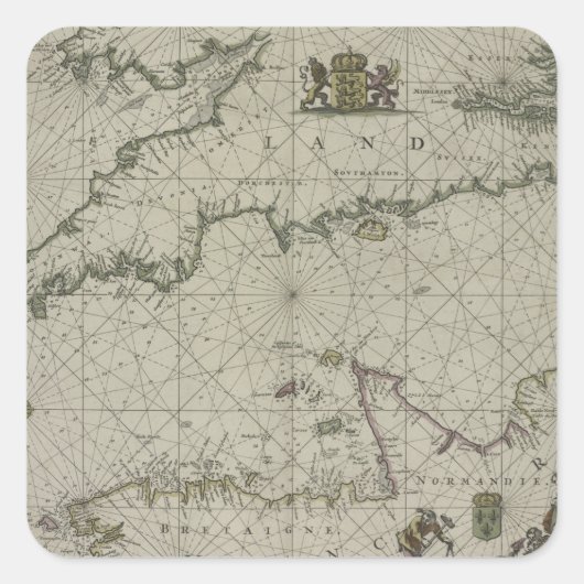 アンティークチャンネルの地図， 1666 (カラー版木、銅版、版画) スクエアシール (正面)