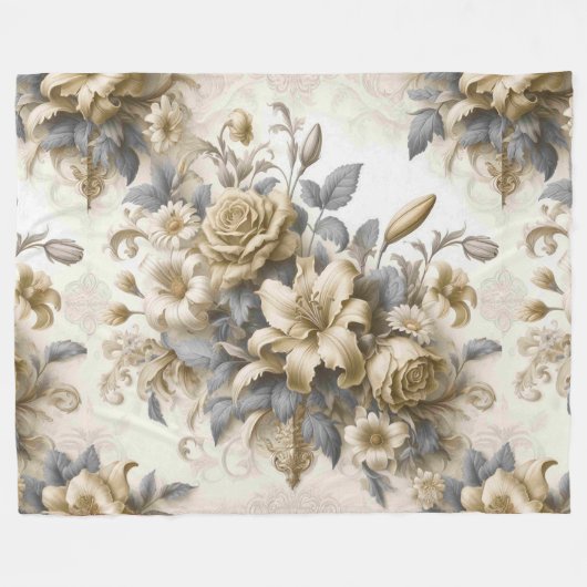 アンティークチンジイエローフローラの完成 フリースブランケット (正面(横))