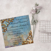 アンティークティール（緑がかった色）水彩及び金ゴールドジュエル結婚ズ 招待状