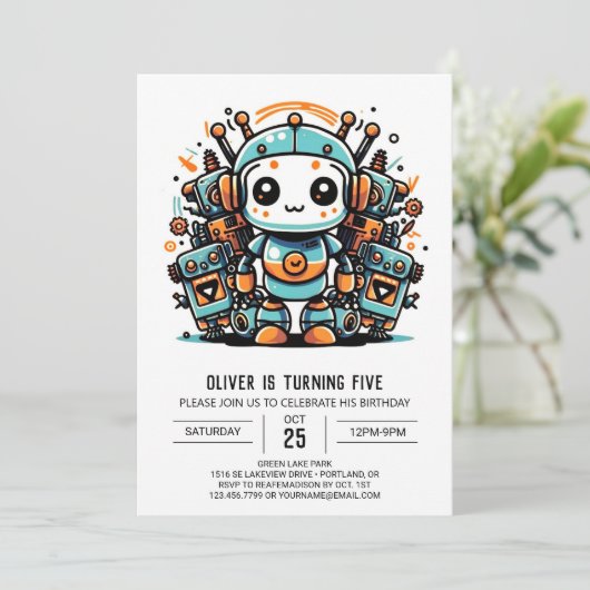 アンティークデジタルロボット誕生日 招待状 (スタンド正面)