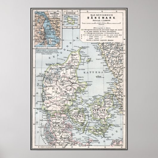 アンティークデンマークの地図,デンマーク語,デンマーク語, 1905 ポスター (正面)