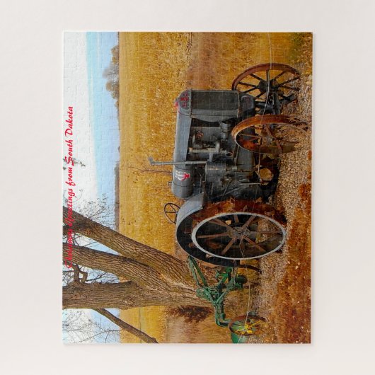 アンティークトラクターサウスダコタ。クリスマスの挨拶 ジグソーパズル (縦)