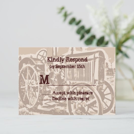 アンティークトラクターファームウェディングRSVPカード 出欠カード (スタンド正面)