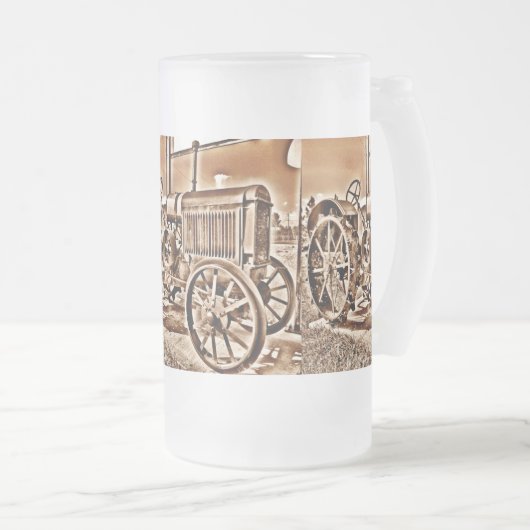アンティークトラクターファーム設備クラシックセピア フロストグラスビールジョッキ (正面右)