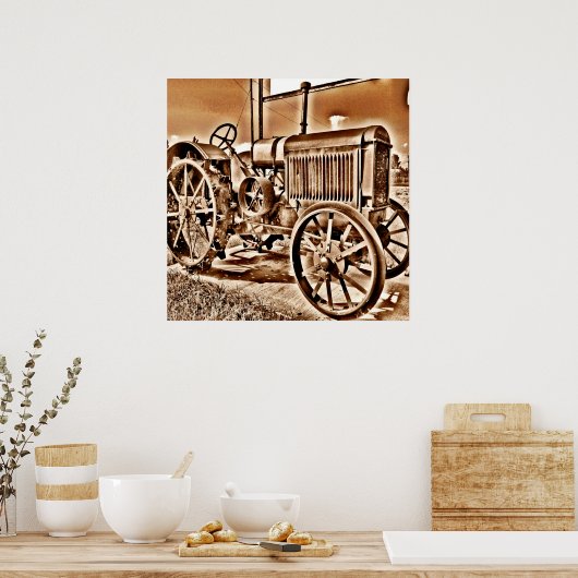 アンティークトラクターファーム設備クラシックセピア ポスター (キッチン)