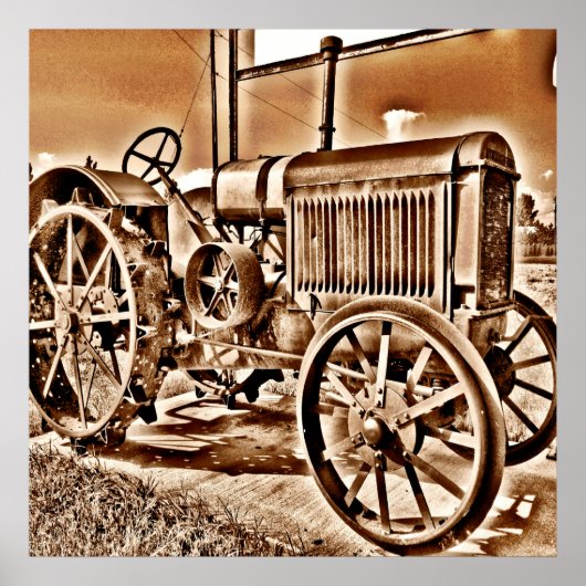 アンティークトラクターファーム設備クラシックセピア ポスター (正面)